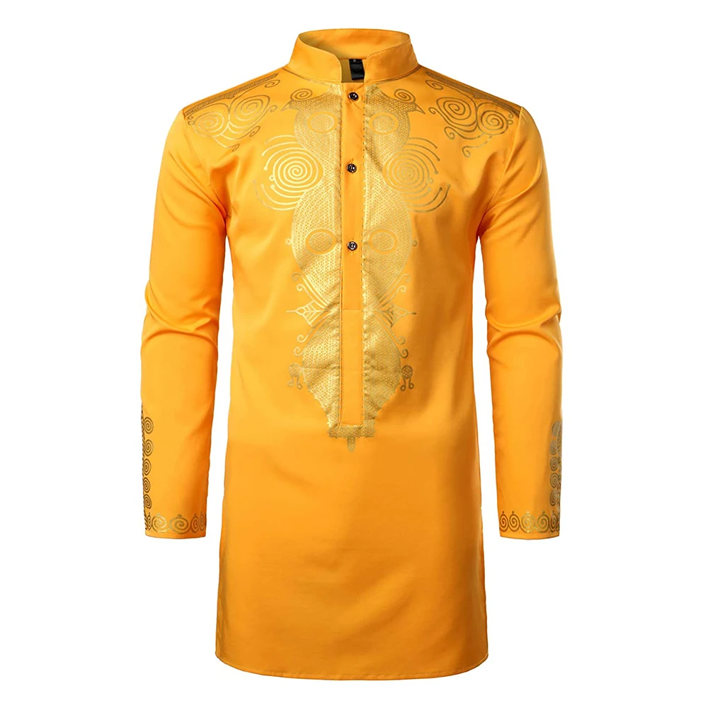 Мужская африканская традиционная Дашики Роскошная золотая рубашка с принтом средней длины для свадьбы Дашики для мужчин