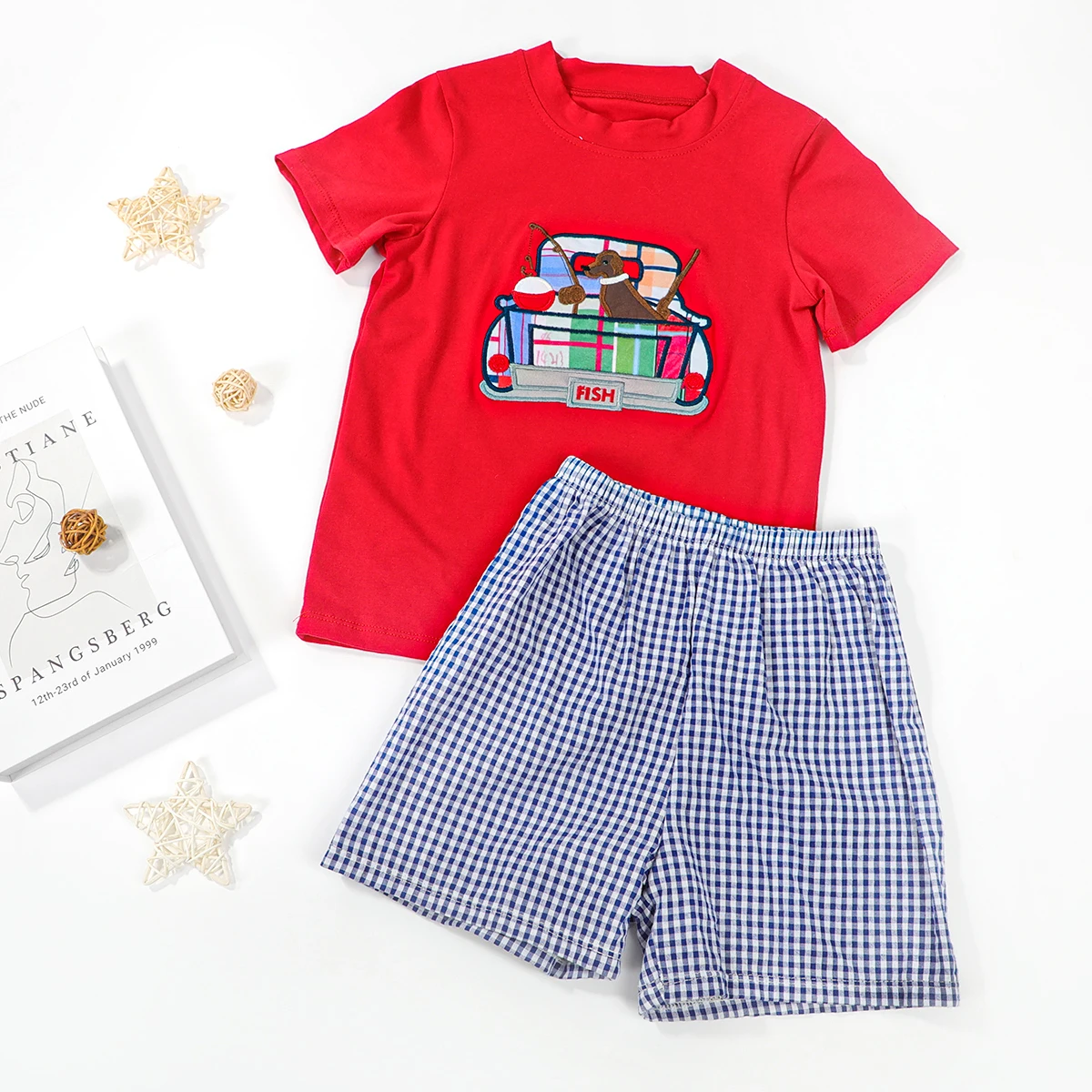 Red 100% Cotton Two Piece Kids Clothes Fish Embroidery Boys Sets For Summer