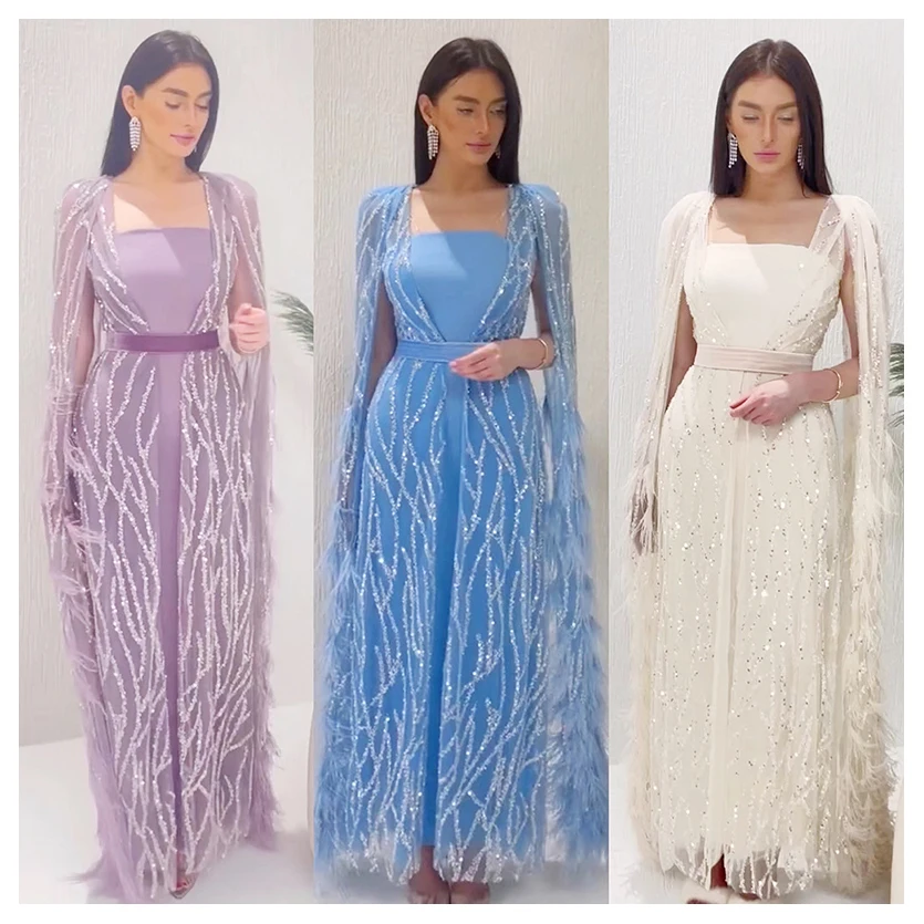 Jancember LSCZ154 Elegant Feathers Beaded Cape Sleeves Long Gown Square Collar Party Evening Dress