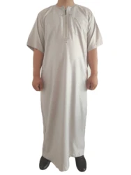 2021 Cotton Fashion Embroidered Half Sleeve Muslim Robe Abaya Men Islamic Clothing