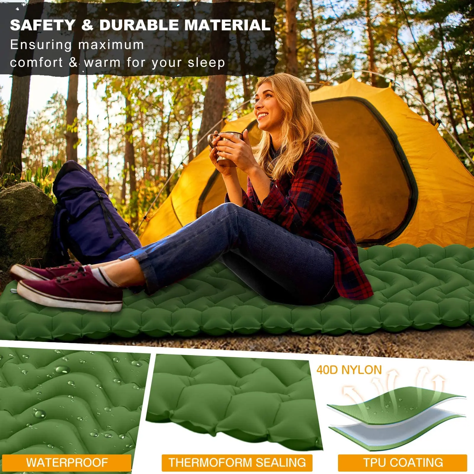 Lightweight Compact Air Mattress Best Sleeping Mat Ultralight Inflatable Camping Sleeping Pad Mat with Built-in Foot Pump