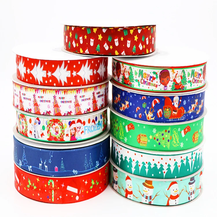 Custom Printing Gold Logo Satin Glitter Christmas Ribbon Roll Silk Gift Wrap Ribbon Polyester Wax Thermal Transfer Ribbon