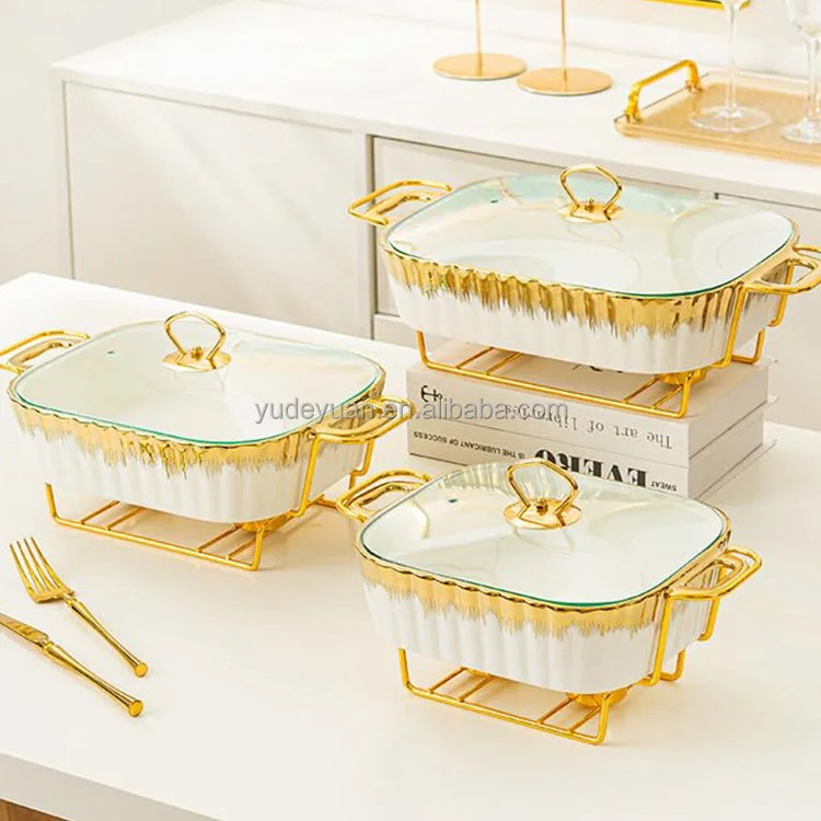 Rectangular Design Ceramic Casserole Pot Tableware Candle Chafing Dish Buffet Set Fire Heating Ceramic Soup Pot with Golden Rack
