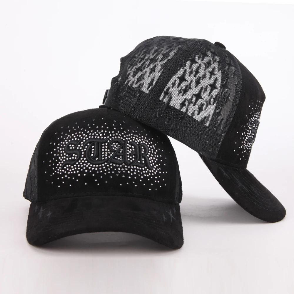Customized high quality full embroidery logos on the mesh Shiny Rhinestone suede trucker hat cap