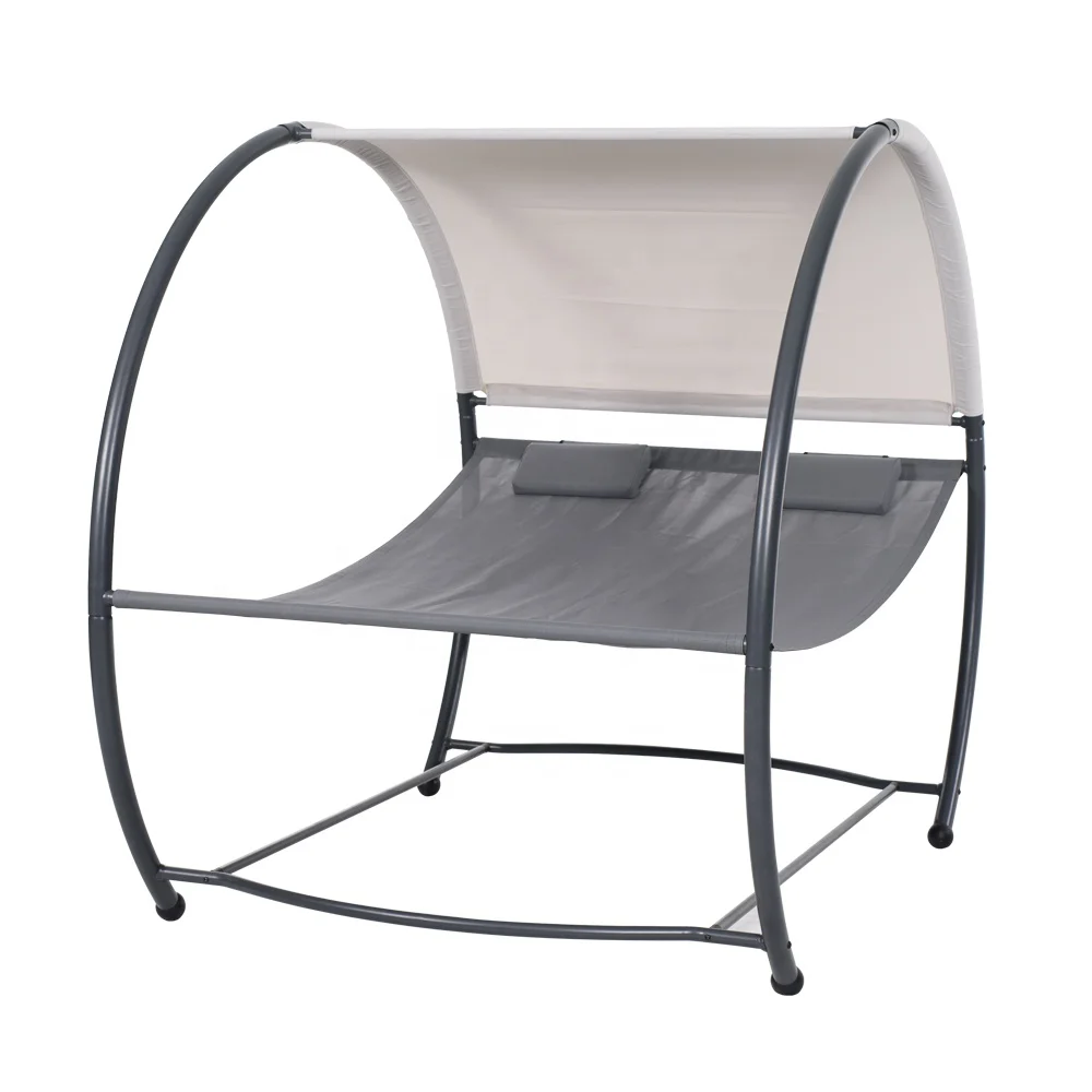 Hot Selling Outdoor Canopy Sun Lounger Bed Solid Color Two Seaters Beach Lounger with Pillow Sunbed