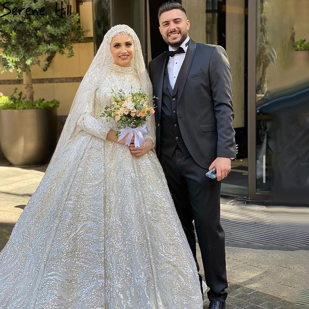 Ivory High Neck Long Sleeves Wedding Dresses Serene Hill HA2477 Muslim Luxury Bridal Gowns Size Customized