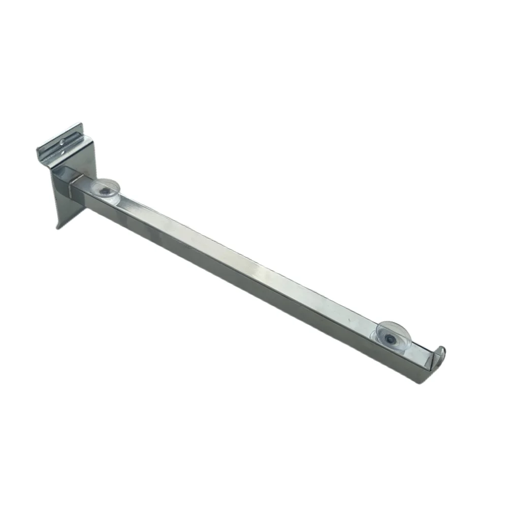 Metal Chrome Square Tube Slatwall Shelf Bracket with Suckers and Barrier  for Holding Glass Flat or Oblique Support Arm