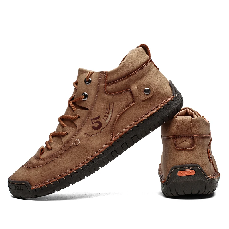 mens brown leather high cut shoes casual flat leather shoe size 38-48