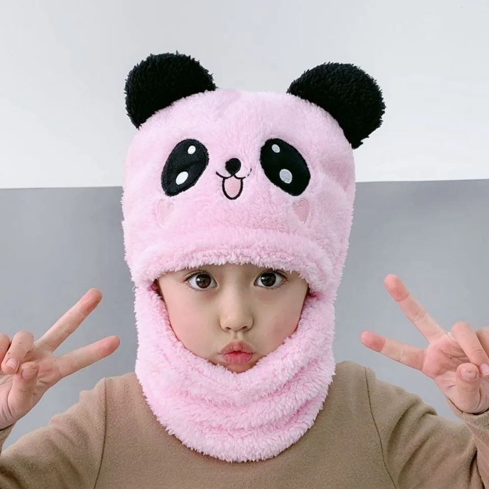 Panda Bib And Hat One-piece Thickened Warmth Cover Face And Ear Protection Knitting Wool Kids Cheap Baby Winter Hats