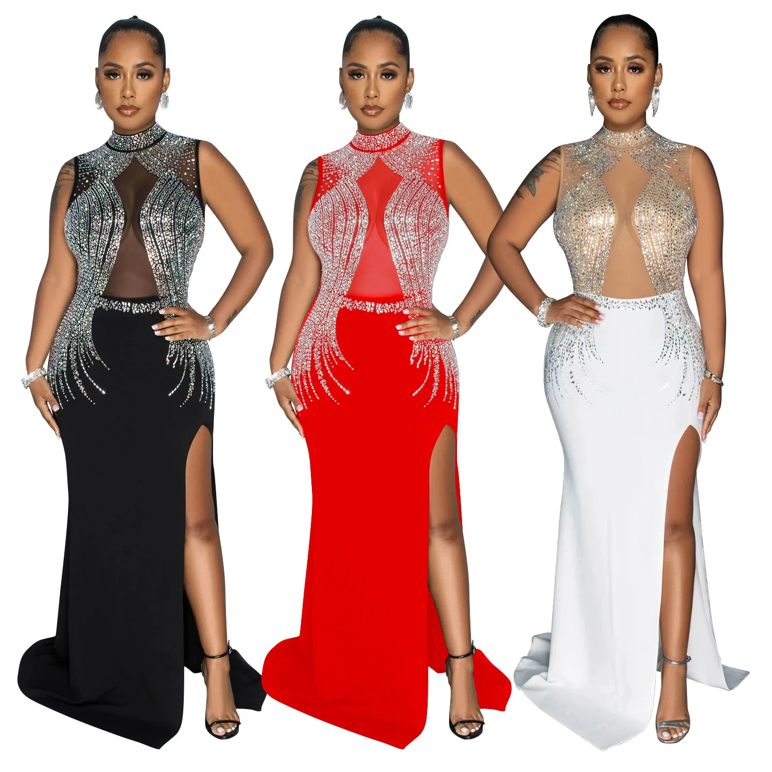 CX6860 Sleeveless Mock Neck Elegant Dress High Slit Rhinestone Formal Evening Prom Ball Gown Dresses