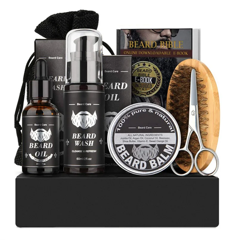 custom organic beard wood brush and comb set grooming kit grow oil balm mens beard trimming care sets gift
