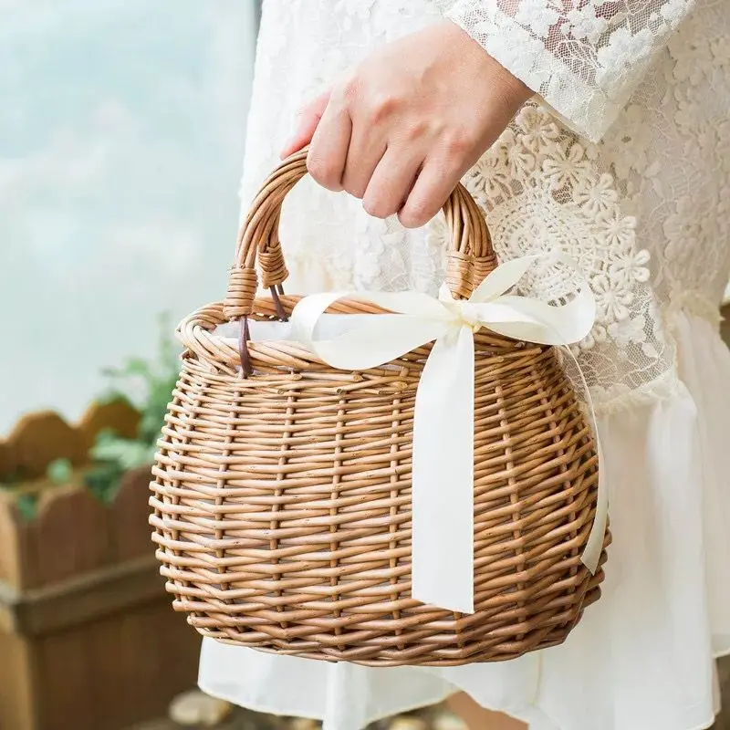 Beach Rattan Basket Bag Summer Ins Storage Basket Rattan Tote Bag Wholesale Bowknot Women Gift Cheap Woven Basket