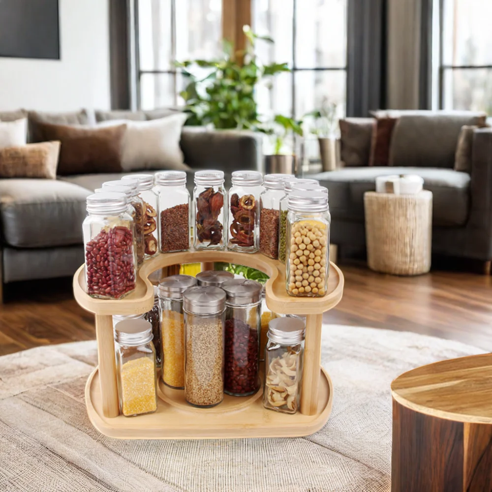 Modern Bamboo 2-Tier Kitchen Lazy Susan Wooden Rotating Tray Turntable Organizer for Plates and Dishes Food Packaging