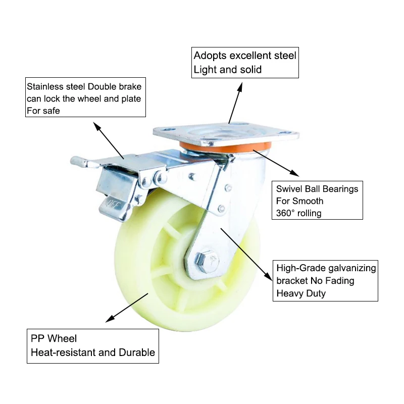 High Quality  4/5/6/8 Inch Milk White Double Bearing Nylon Or PP Wheel Top Plate Caster Wheels
