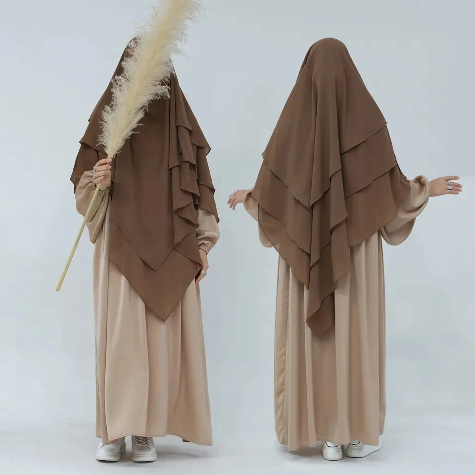 LangChi 3 Layers Overhead Chiffon Tie Back Khimar Islamic Hijab Plain Prayer Scarf Muslim Women Long Niqab Jilbab Khimar