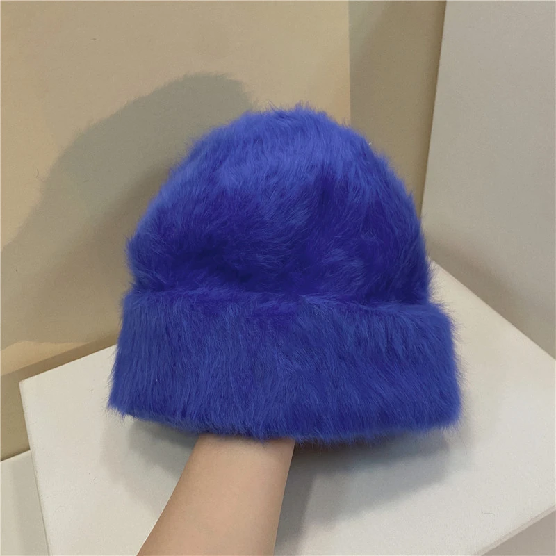 Модная Длинная зимняя шапка из кроличьего меха с завязкой, Женская плюшевая шапка с буквой «С», вязаная теплая шапка