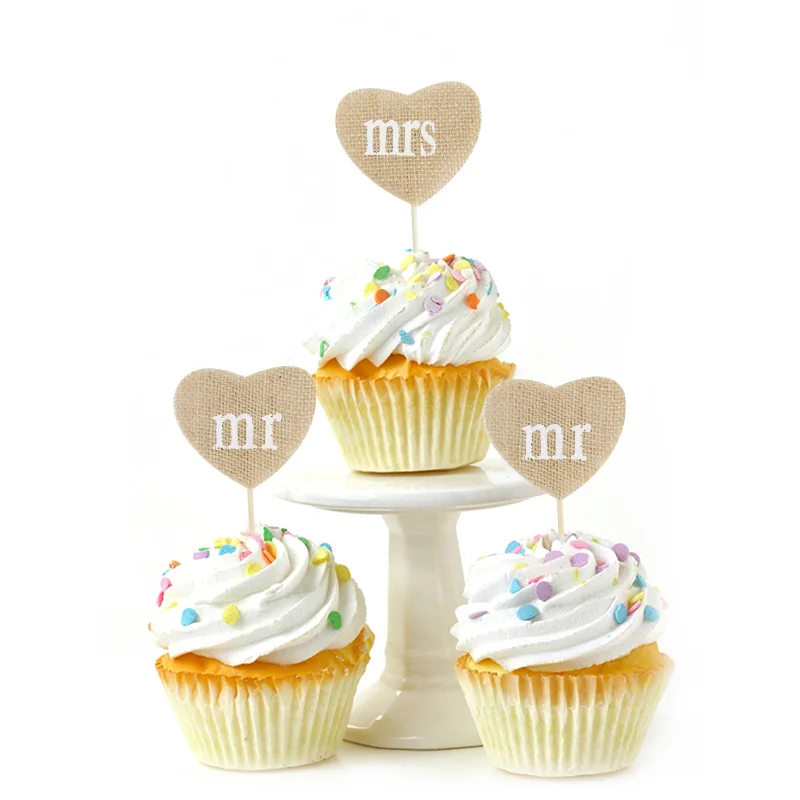 902212 6pcs Linen Picks Mr&Mrs Heart Sticks Toothpicks Cupcake/Cake Toppers Party Wedding Decoration Eco-friendly