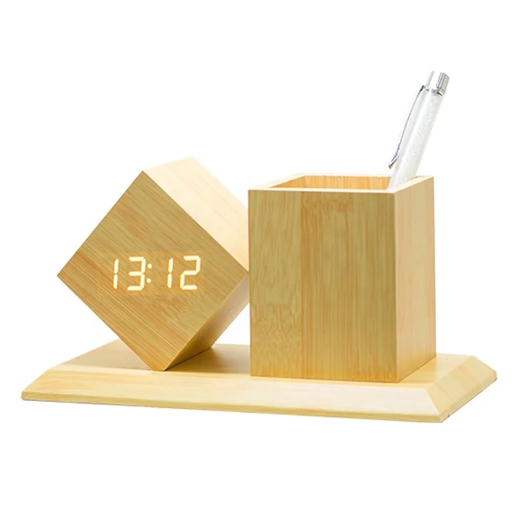 Dropshipping EMAF Office student desktop wooden pen holder digital alarm clock with date temperature display