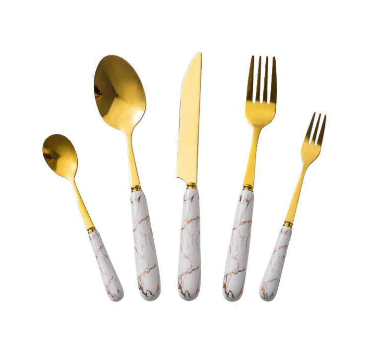 Dropshipping Decorated Ceramic Handled Stainless Steel Flatware Gilded Hand Grip Cutlery Set Spoons Forks Knives for Restaurant