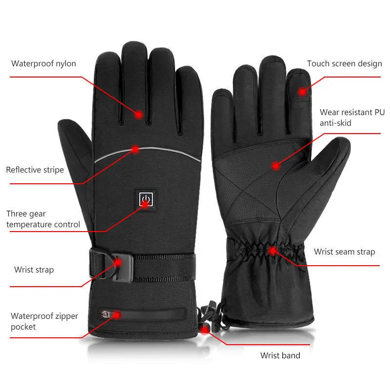 Rechargeable Electric Heating Gloves Waterproof Cotton and Nylon Heated Gloves for Snowboarding and Outdoor Activities