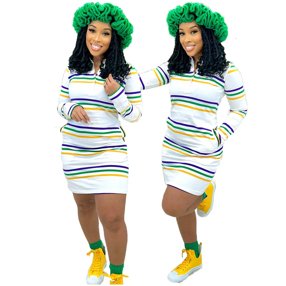 Designer Dress For Mardi Gras Womens Large White Mardi Gras 2 Pocket Dress Purple Green Gold Stripe