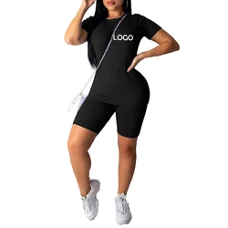 Summer Women Clothing Custom Logo Solid Color Short Sleeve Tee Shorts Set Sportswear Women Two Piece Set