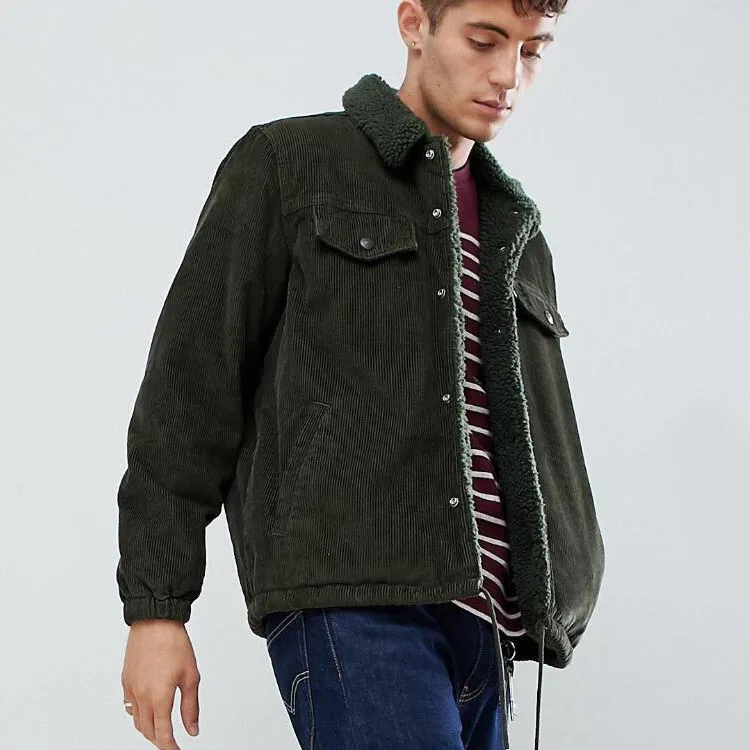High quality Mens Dark Green Borg man made fur Denim  fur lined Heated Winter Denim Jacket Corduroy Jeans Trucker Jacket for Men