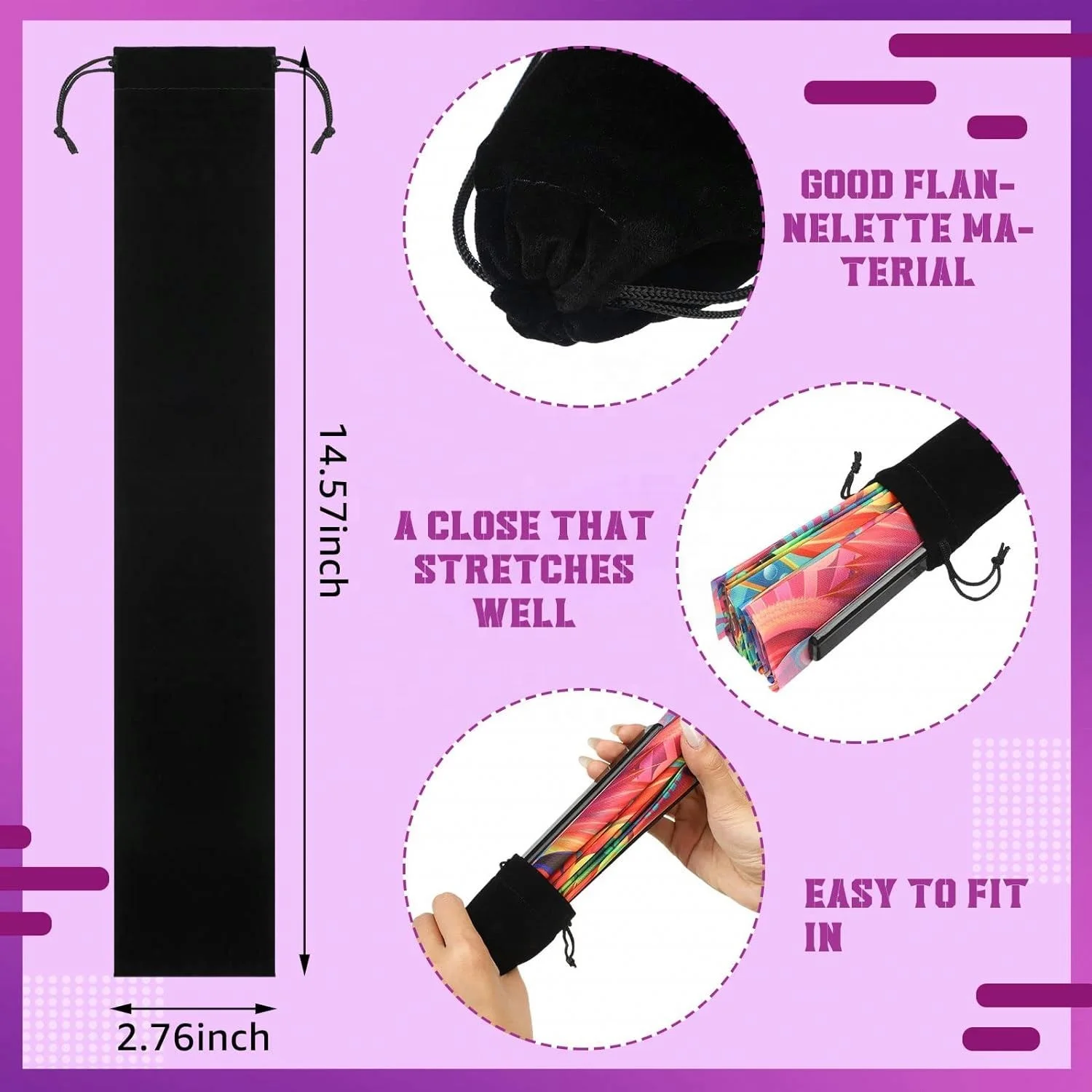 Large Velvet Folding Hand Fan Bag With Drawstring 14.57 X 2.76 In Black Fabric Sleeve Hand Fan Protector Gift Wrap Bags Gift