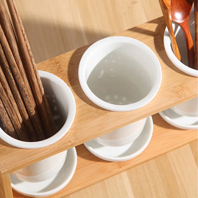 Custom Hot Selling Silverware Storage Holder Kitchen Flatware Organizer Set With Wood Base Cutlery Ceramics Storage Holder