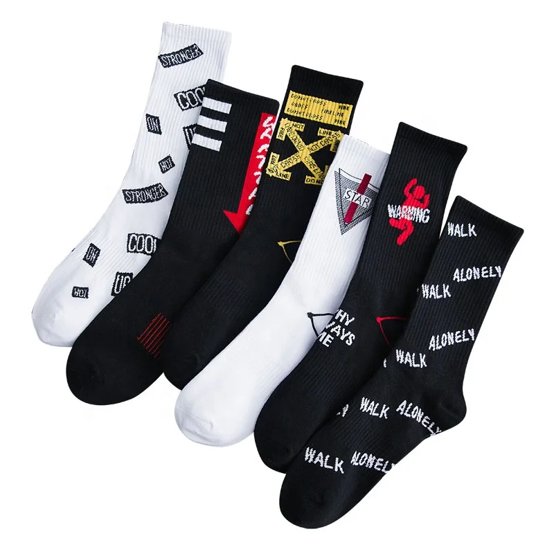 No Moq  custom logo White Men wholesale hot sales 100% Cotton printed Funny Happy Fashion Street colorful popular Skater Socks