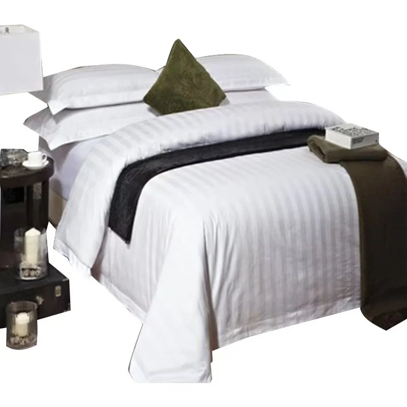 Luxury 5 Star Hotels Single Double Queen King Stripe Cotton Percale Kind Bed Sheet White Hotel Bedsheet
