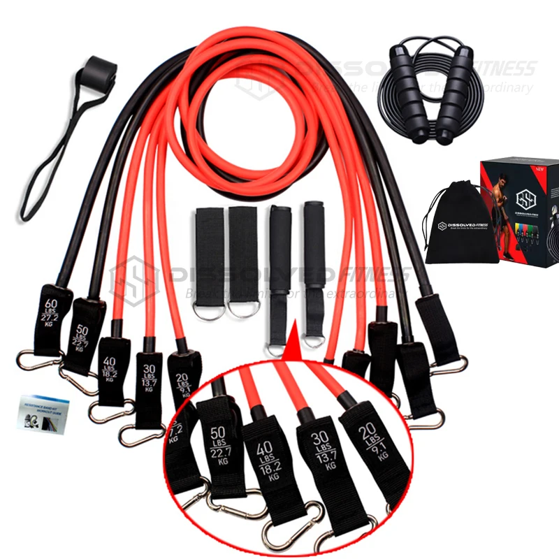 200lb Home Gym Expander Tube Set 12pcs Latex Elastic Fitness RopeTPE Resistance Exercise Bands for Sports & Yoga Packaged