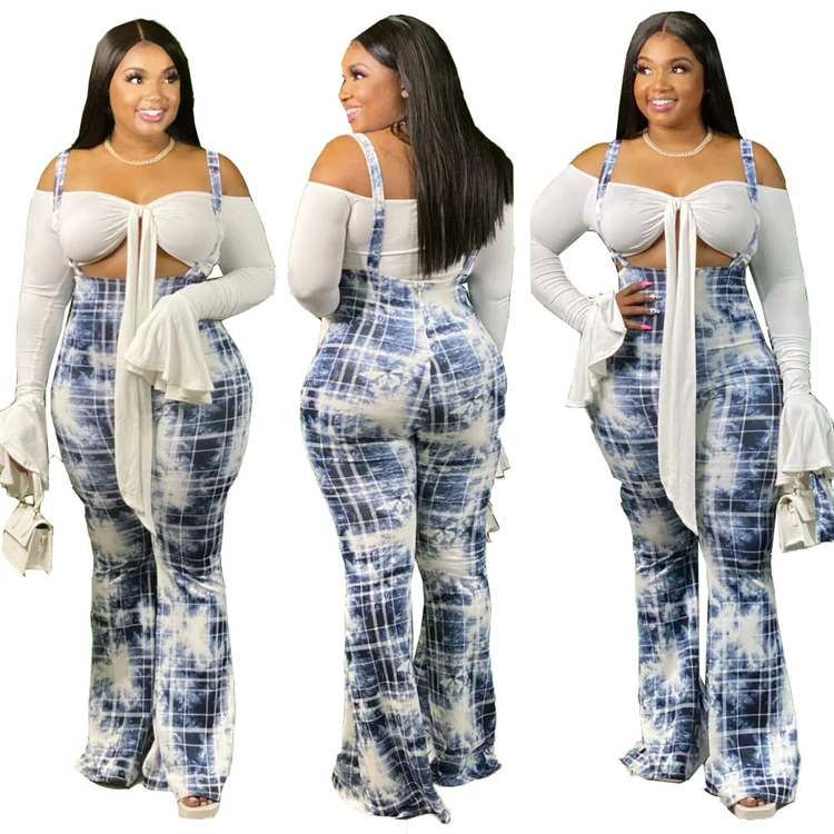 X6015-fall clothing for women plus size plaid suspender flare pants one piece jumpsuit