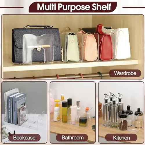 Clear Plastic Closet Organizer for Purse and Handbag Desk File Sorter with 4 Storage Shelves and Dividers Display Rack