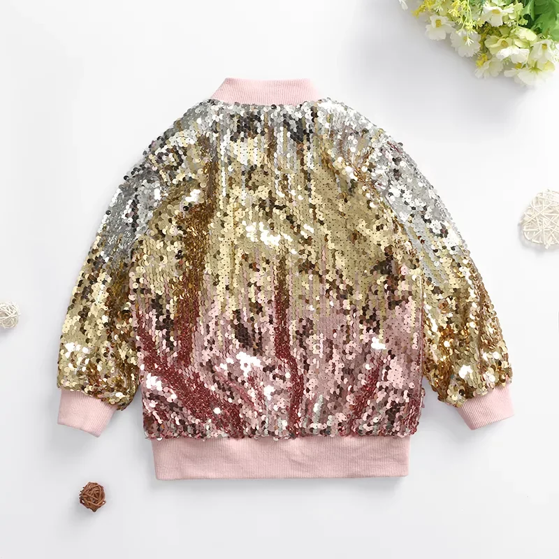 Fancy Spring Kids Top Tie Dye Sequined Long Sleeve Rib Cuff Hem Bomber Jacket Zipper Reversible Sequin Coat For Girl
