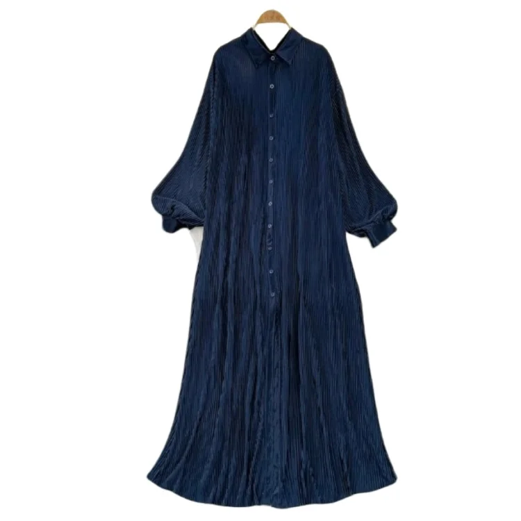 New fashion Muslim pleated lantern sleeve lapel loose breasted glossy modest dress wholesale abaya in dubai