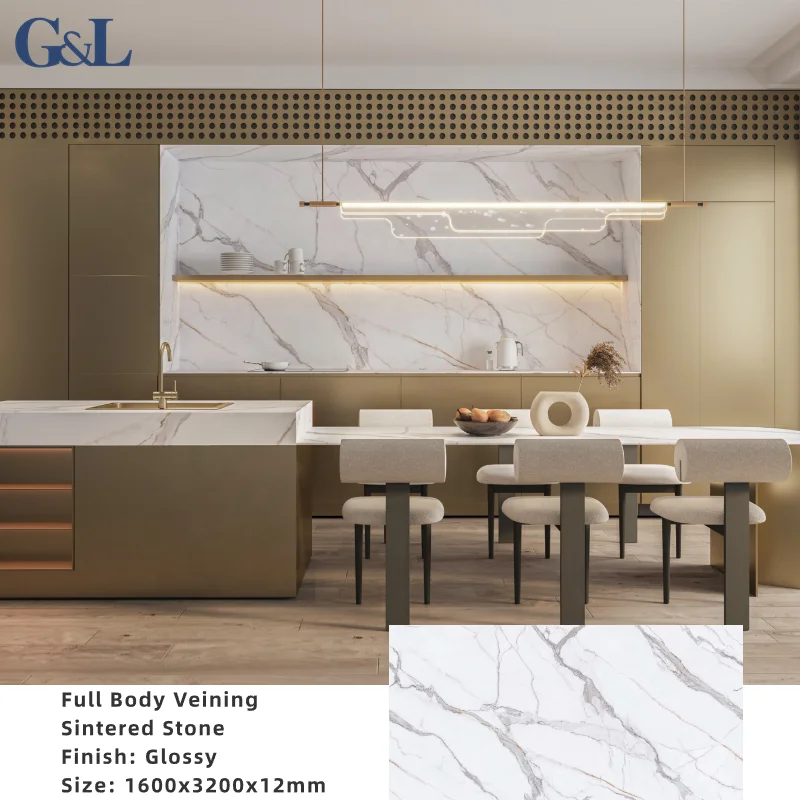 1600x3200x12mm Thickness Libis White Gold Porcelain Slab Structured Surface Through Body Sintered Stone for Island Counter Top