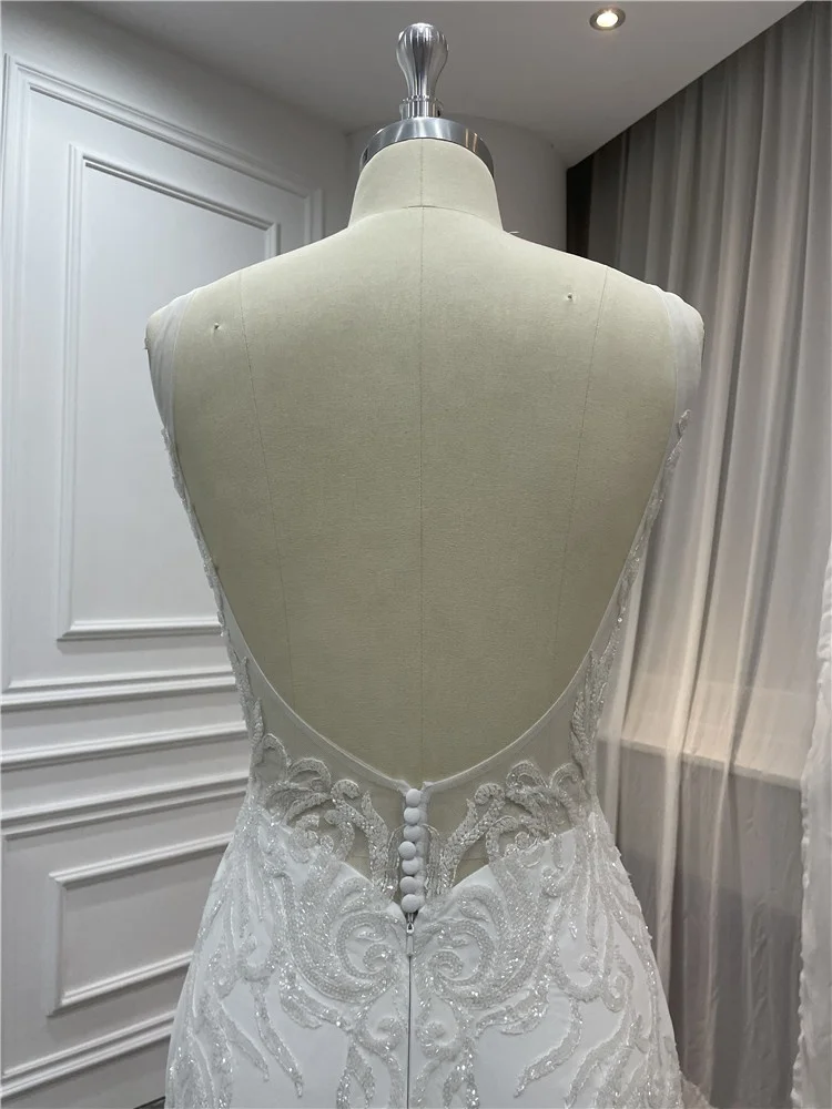 Women Mermaid Sleeveless Chiffon Lace Beaded Plunging V Neck Real Wedding Dress