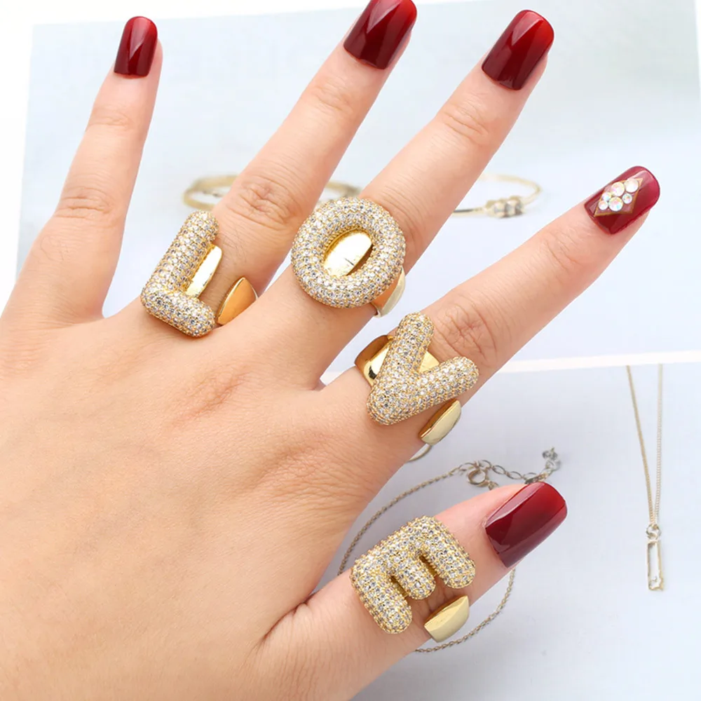 New Arrival Simple 26 English Letters Copper Gold Plated Full Zirconia Open Finger Ring