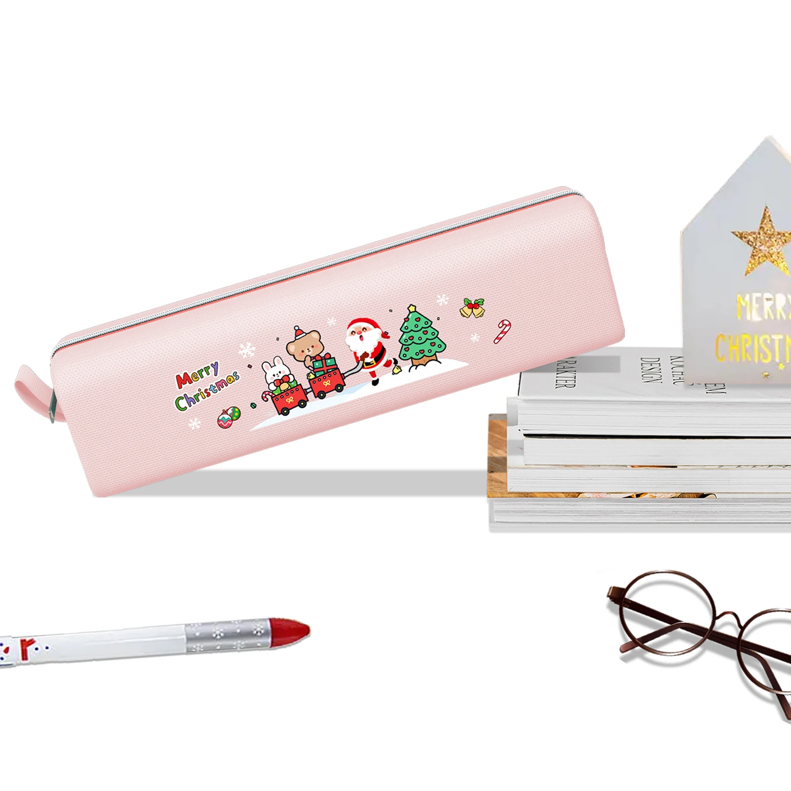 Christmas Pencil Case Zipper Makeup Cosmetic Bag Oxford Fabric Pen Bag Custom Pencil Pouch For Children
