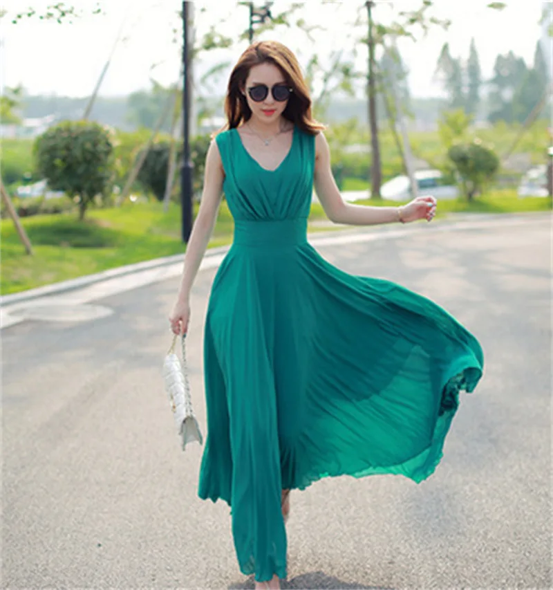 Summer new style plus size solid color beach long skirt Korean fashion bohemian white chiffon dress