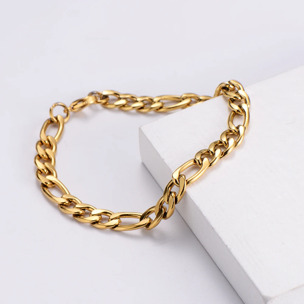 Fashion Jewellery Figaro Link Chain Cuban Men Women Unisex Stainless Steel Gold Bracelet