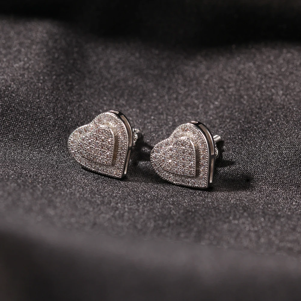 Hip hop 925 sterling silver earrings full cz paved heart shape silver stud earrings luxury jewellery for men