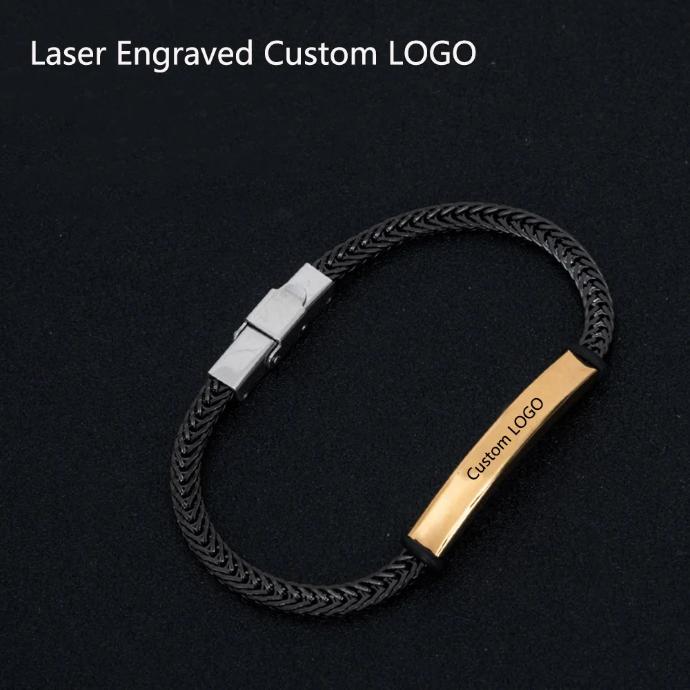 New Fashion Couple Laser Engraved Custom LOGO Metal Chain Stainless Steel Bracelet For Men and Women