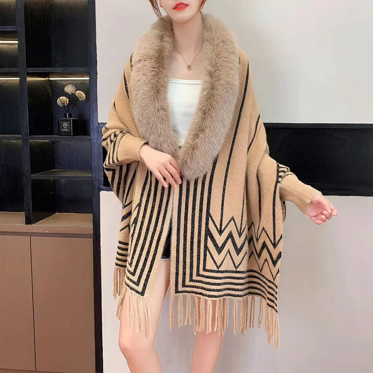 Lady winter open front batwing sleeve fur collar stripe knit  mohair tassel shawl