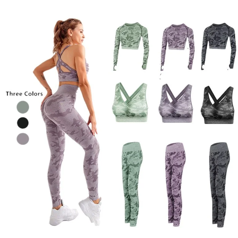 
3PCS Camo Seamless Yoga Set Sports Wear For Women Fitness Clothing Yoga Leggings+Sport Bra+Long Sleeve Crop Top Gym Sport 