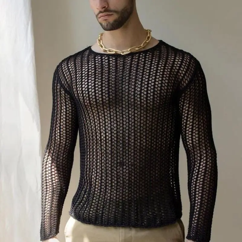 Summer new style men sexy hollow fit shirts plus size custom casual mesh long-sleeved t-shirt for men