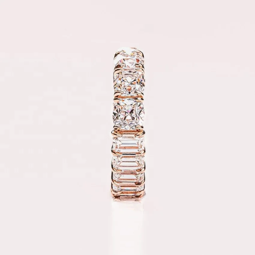 14K Solid Rose Gold Moissanite Wedding Band Ring Emerald Cut Round Cut Moissanite Eternity Ring For Women