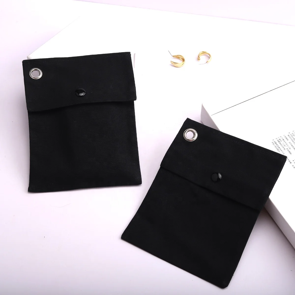 Reusable Black 8oz Canvas Envelope Photo Frame Perfume Packing Gift Bag Custom Logo Printed Organic Envelope Cotton Dust Pouch