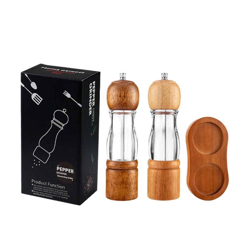 Home Camping Seasoning Bottle Wooden Salt Pepper Mill Grinder With Wooden Base set